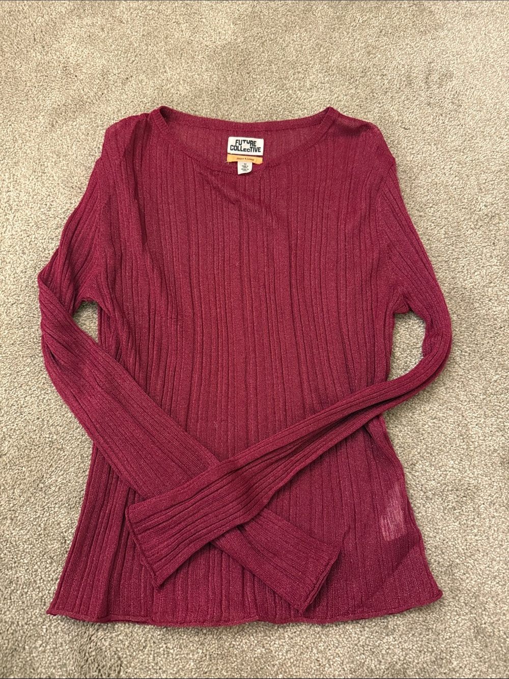 Future Collective Ribbed Long Sleeve Top - Burgundy
